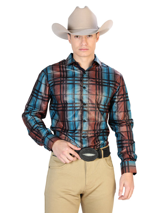 Camisa Vaquera de Hombre El Señor de los Cielos WH7-145 Manga Larga Casual en 100% Poliéster Color Naranja/Azul 43780