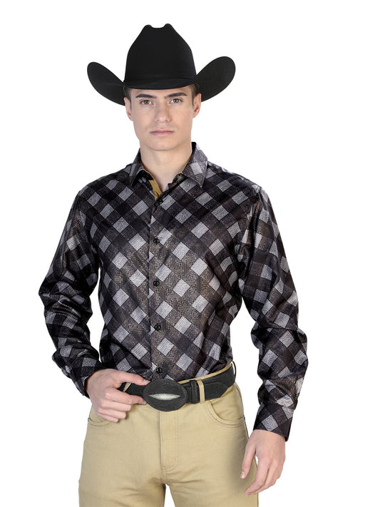 Camisa Vaquera de Hombre El Señor de los Cielos WH7-168 Manga Larga Casual en 100% Poliéster Color Amarillo/Negro 43785