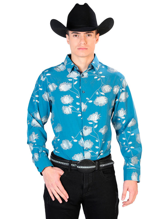 Camisa Vaquera de Hombre El Señor de los Cielos WH7-012 Manga Larga Casual en 97% Poliéster 3% Spandex Color Azul Marino 43787