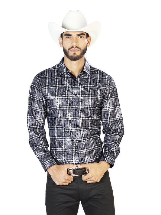 Camisa Vaquera de Hombre El Señor de los Cielos WH7-184 Manga Larga Casual en 100% Poliéster Color Café/Blanco 43789