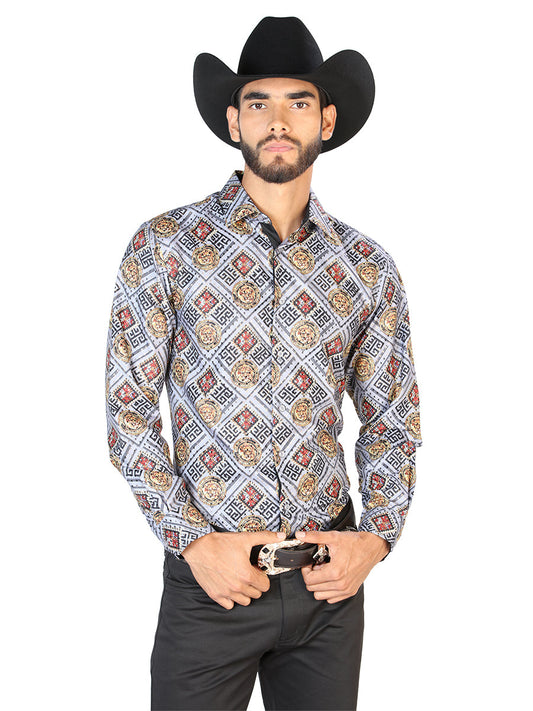 Camisa Vaquera de Hombre El Señor de los Cielos WH7-290 Manga Larga Casual en 100% Poliéster Color Dorado/Blanco 43790