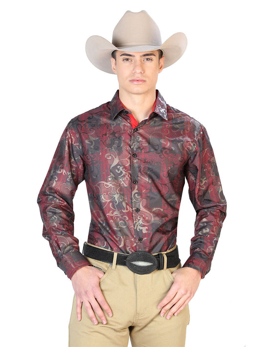 Camisa Vaquera de Hombre El Señor de los Cielos Manga Larga Casual en 100% Poliéster Color Rojo/Negro 43795