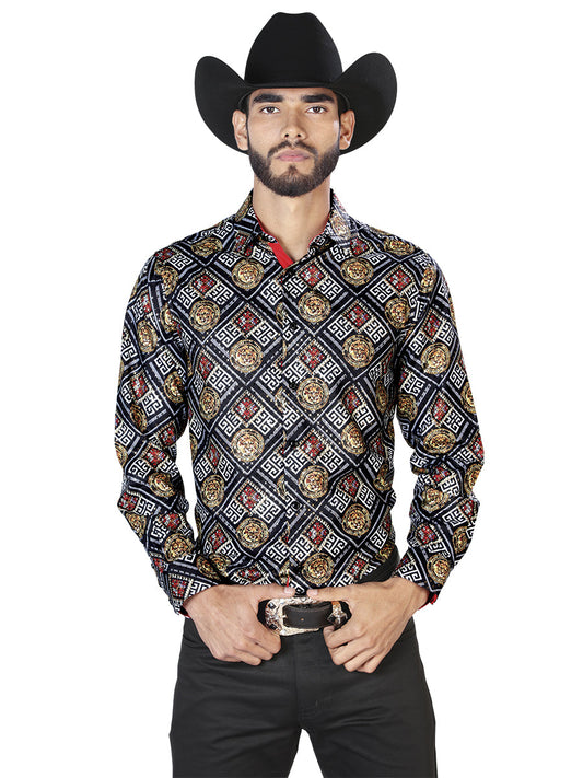 Camisa Vaquera de Hombre El Señor de los Cielos WH7-282 Manga Larga Casual en 100% Poliéster Color Blanco/Negro/Dorado 43798