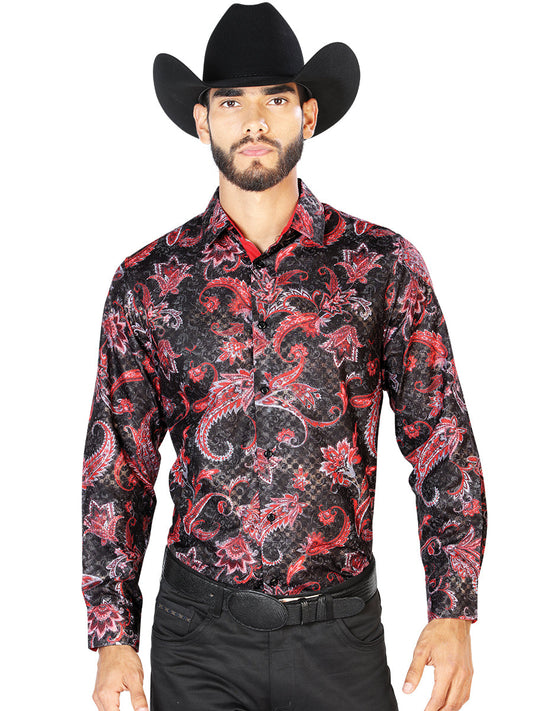 Camisa Vaquera de Hombre El Señor de los Cielos Manga Larga Casual en 100% Poliéster Color Negro/Rojo 43804