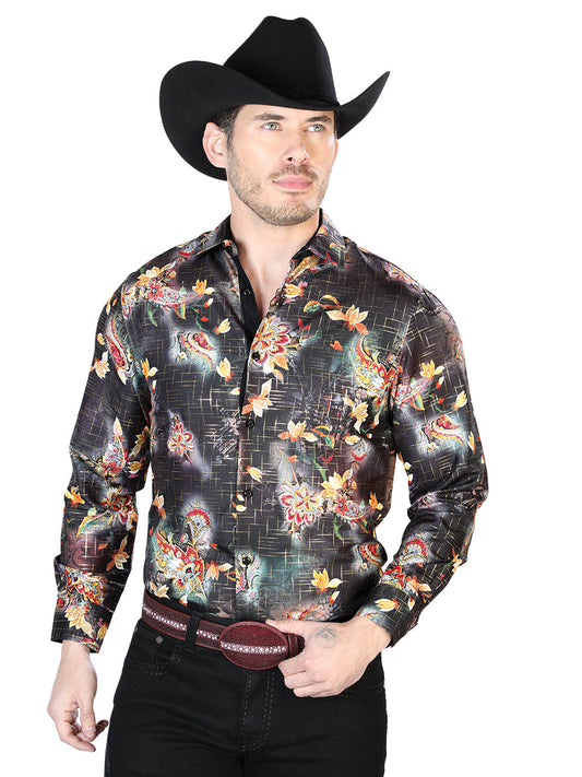 Camisa Vaquera de Hombre El Señor de los Cielos Manga Larga Casual en 100% Poliéster Color Negro/Multicolor 43813