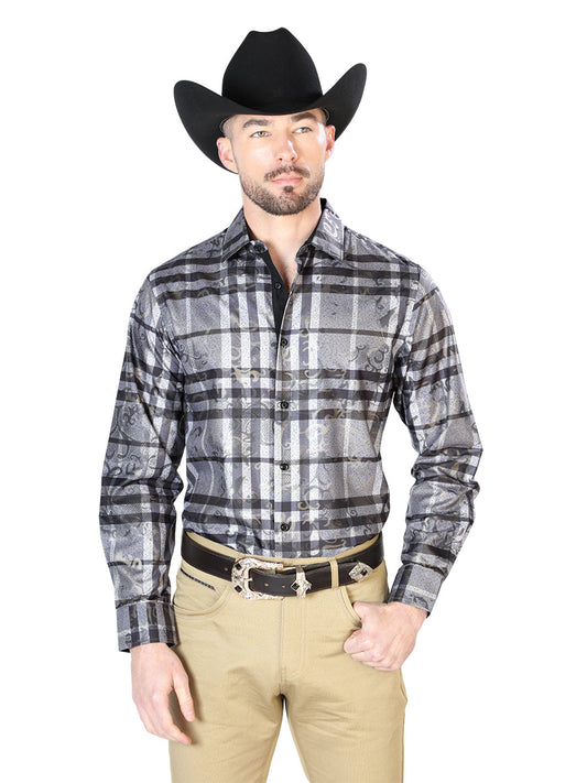 Camisa Vaquera de Hombre El Señor de los Cielos WH7-086 Manga Larga Casual en 100% Poliéster Color Gris 43814
