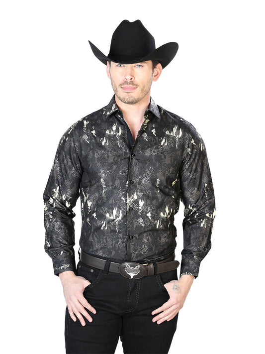 Camisa Vaquera de Hombre El Señor de los Cielos WH7-044 Manga Larga Casual en 100% Poliéster Color Negro 43817