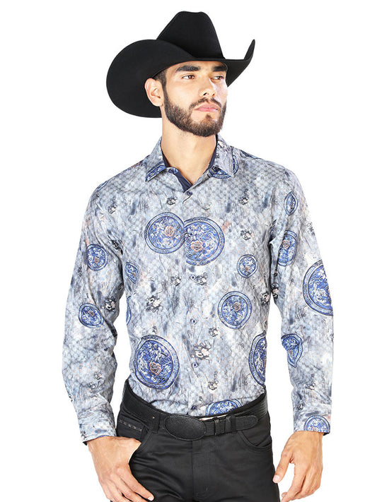 Camisa Vaquera de Hombre El Señor de los Cielos Manga Larga Casual en 100% Poliéster Color Gris/Azul 43823