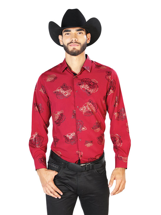 Camisa Vaquera de Hombre El Señor de los Cielos Manga Larga Casual en 97% Poliéster 3% Spandex Color Rojo 43829