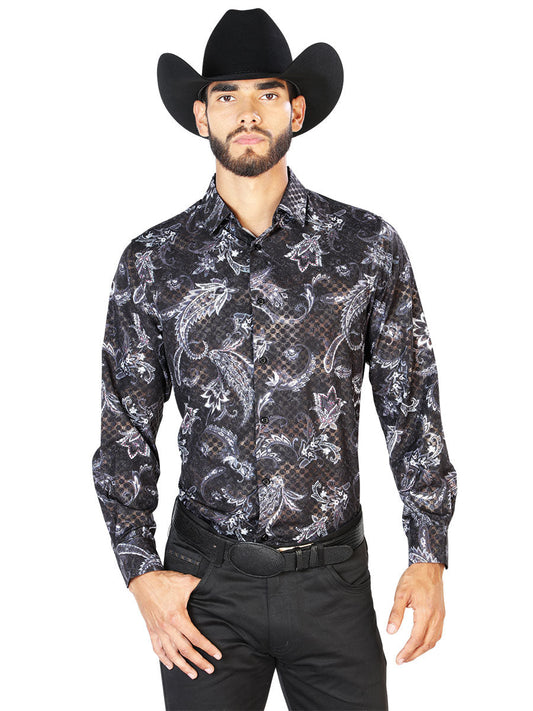Camisa Vaquera de Hombre El Señor de los Cielos WH7-062 Manga Larga Casual en 97% Poliéster 3% Spandex Color Negro 43830