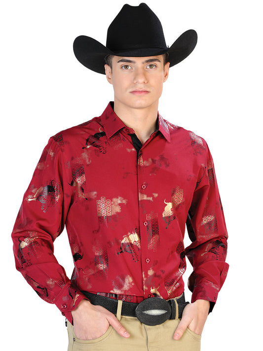 Camisa Vaquera de Hombre El Señor de los Cielos WH7-204 Manga Larga Casual en 97% Poliéster 3% Spandex Color Vino 43831
