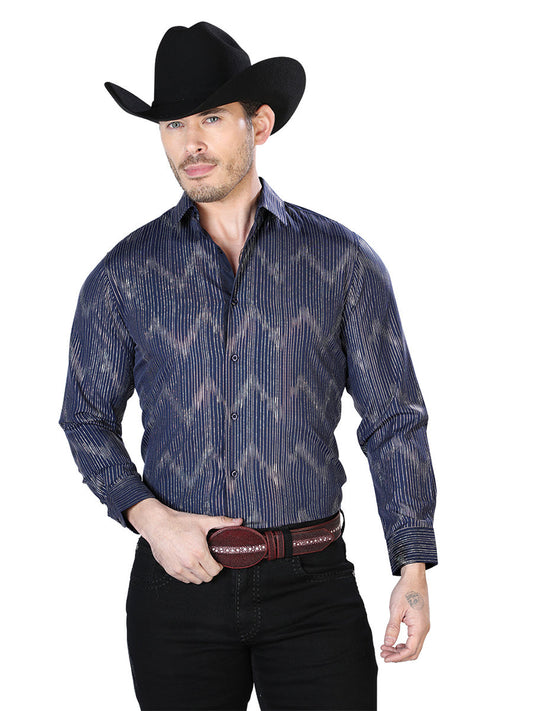 Camisa Vaquera de Hombre El Señor de los Cielos WH7-201 Manga Larga Casual en 97% Poliéster 3% Spandex Color Azul Marino 43834