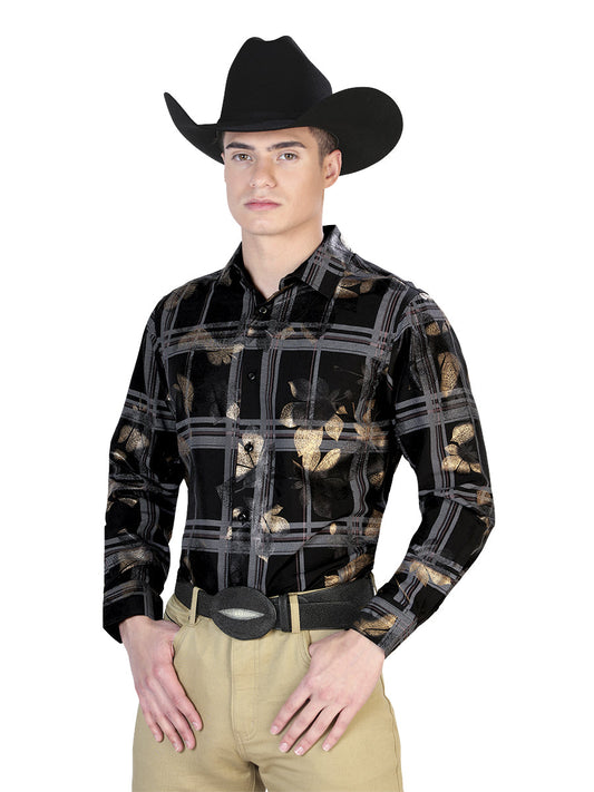 Camisa Vaquera de Hombre El Señor de los Cielos WH7-202 Manga Larga Casual en 97% Poliéster 3% Spandex Color Negro 43839