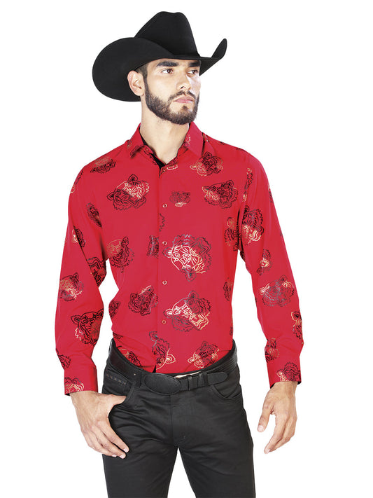 Camisa Vaquera de Hombre El Señor de los Cielos Manga Larga Casual en 97% Poliéster 3% Spandex Color Rojo 43840