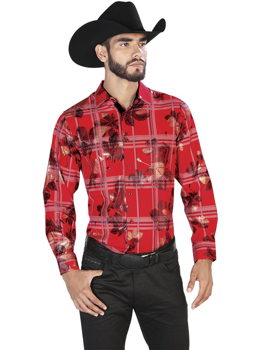 Camisa Vaquera de Hombre El Señor de los Cielos Manga Larga Casual en 97% Poliéster 3% Spandex Color Rojo 43844