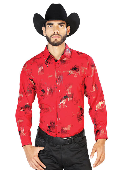 Camisa Vaquera de Hombre El Señor de los Cielos WH7-204 Manga Larga Casual en 97% Poliéster 3% Spandex Color Vino 43846
