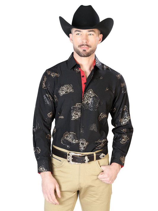 Camisa Vaquera de Hombre El Señor de los Cielos WH7-205 Manga Larga Casual en 97% Poliéster 3% Spandex Color Negro 43847