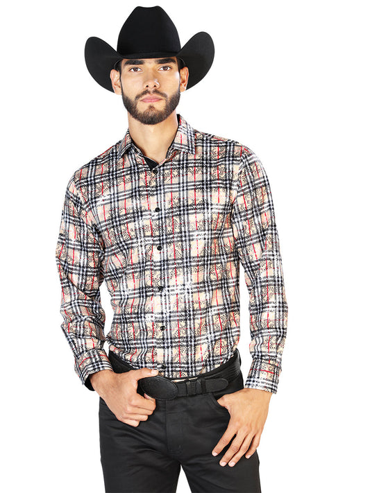 Camisa Vaquera de Hombre El Señor de los Cielos WH7-173 Manga Larga Casual en 97% Poliéster 3% Spandex Color Beige/Negro 43852