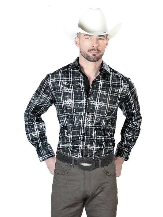 Camisa Vaquera de Hombre El Señor de los Cielos WH7-172 Manga Larga Casual en 97% Poliéster 3% Spandex Color Negro/Beige 43853