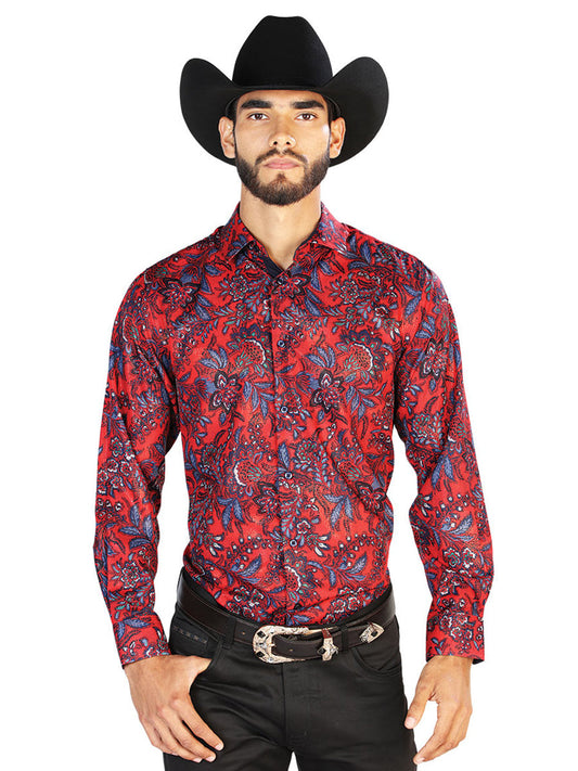 Camisa Vaquera de Hombre El Señor de los Cielos Manga Larga Casual en 97% Poliéster 3% Spandex Color Rojo 43856