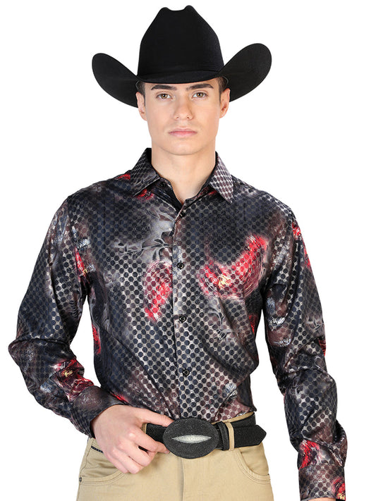 Camisa Vaquera de Hombre El Señor de los Cielos Manga Larga Casual en 97% Poliéster 3% Spandex Color Negro/Multicolor 43858