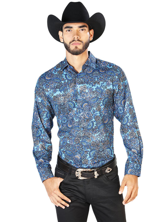 Camisa Vaquera de Hombre El Señor de los Cielos Manga Larga Casual en 97% Poliéster 3% Spandex Color Negro/Multicolor 43859