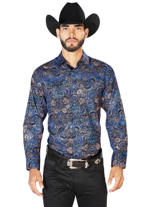 Camisa Vaquera de Hombre El Señor de los Cielos Manga Larga Casual en 97% Poliéster 3% Spandex Color Negro/Multicolor 43860