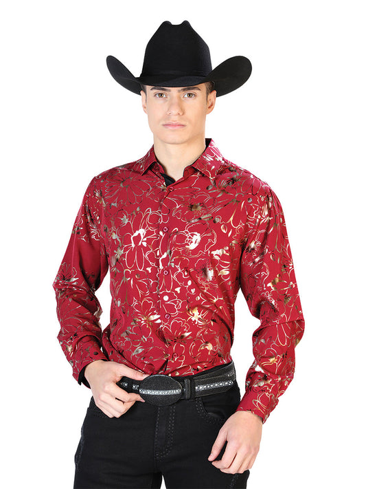 Camisa Vaquera de Hombre El Señor de los Cielos WH7-208 Manga Larga Casual en 97% Poliéster 3% Spandex Color Vino 43861