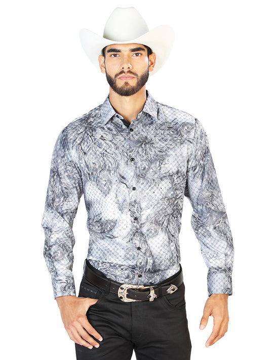 Camisa Vaquera de Hombre El Señor de los Cielos WH7-070 Manga Larga Casual en 97% Poliéster 3% Spandex Color Gris 43862