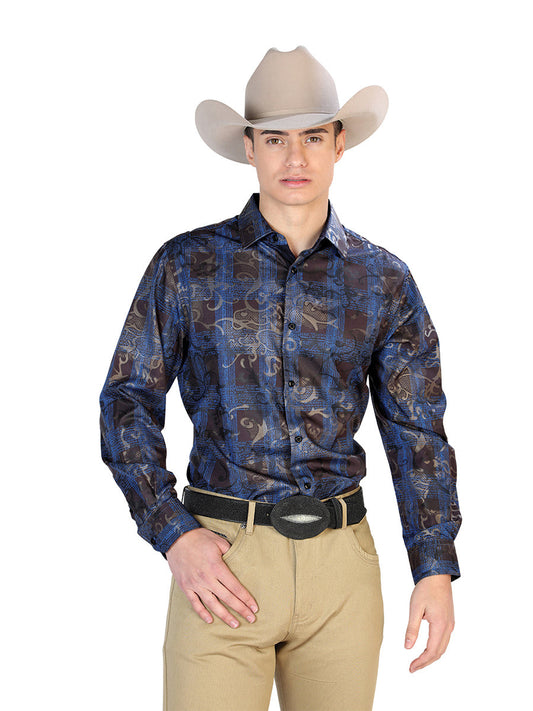 Camisa Vaquera de Hombre El Señor de los Cielos WH7-178 Manga Larga Casual en 97% Poliéster 3% Spandex Color Azul 43866