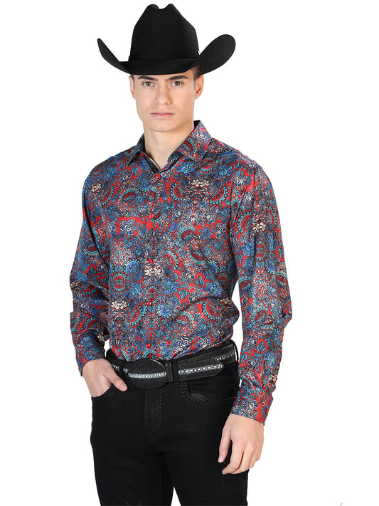 Camisa Vaquera de Hombre El Señor de los Cielos Manga Larga Casual en 97% Poliéster 3% Spandex Color Rojo 43867