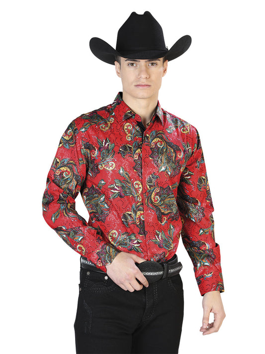Camisa Vaquera de Hombre El Señor de los Cielos Manga Larga Casual en 97% Poliéster 3% Spandex Color Rojo 43869