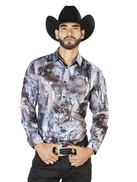Camisa Vaquera de Hombre El Señor de los Cielos WH7-064 Manga Larga Casual en 97% Poliéster 3% Spandex Color Negro/Multicolor 43871