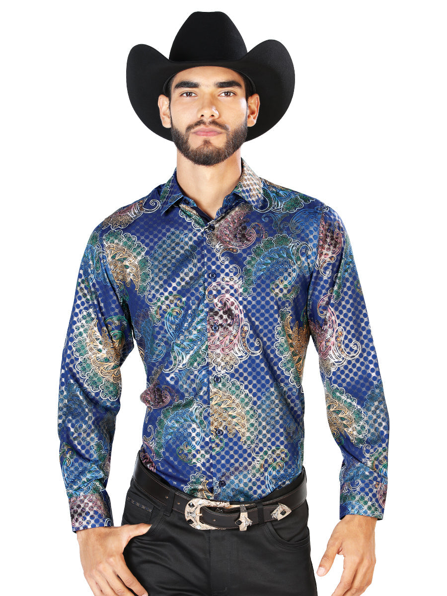 Camisa Manga Larga Azul Estampado Casual Manga Larga