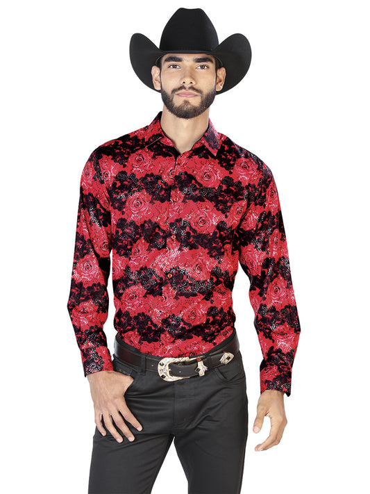 Camisa Vaquera de Hombre El Señor de los Cielos WH7-047 Manga Larga Casual en 97% Poliéster 3% Spandex Color Rojo 43874