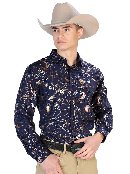 Camisa Vaquera de Hombre El Señor de los Cielos WH7-208 Manga Larga Casual en 97% Poliéster 3% Spandex Color Azul Marino 43875