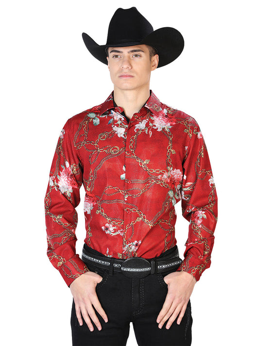 Camisa Vaquera de Hombre El Señor de los Cielos Manga Larga Casual en 97% Poliéster 3% Spandex Color Vino 43879