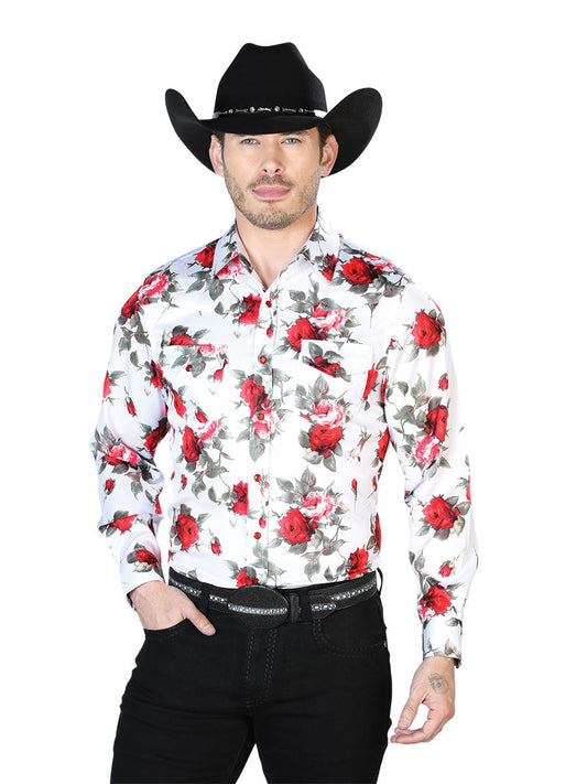 Camisa Vaquera de Hombre El Señor de los Cielos Manga Larga Casual en 97% Poliéster 3% Lycra Color Blanco/Rojo 43935
