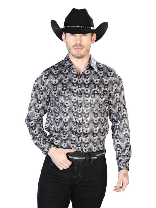 Camisa Vaquera de Hombre El Señor de los Cielos Manga Larga Casual en 97% Poliéster 3% Lycra Color Negro/Gris 43939