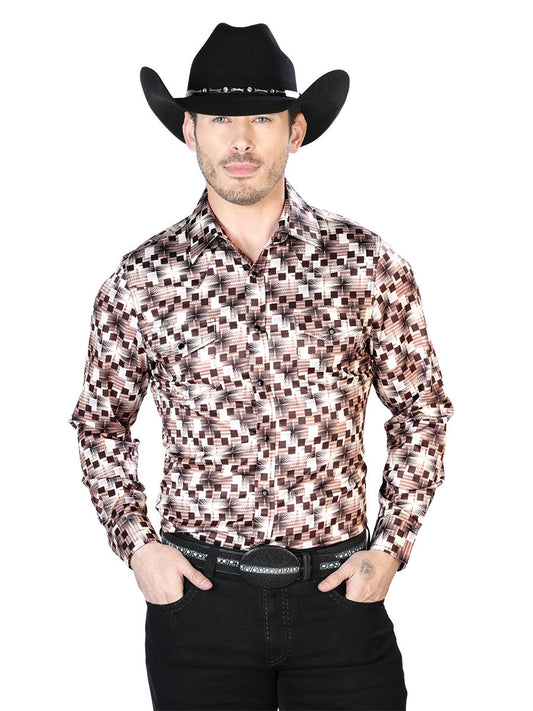 Camisa Vaquera de Hombre El Señor de los Cielos Manga Larga Casual en 97% Poliéster 3% Lycra Color Beige/Café 43941