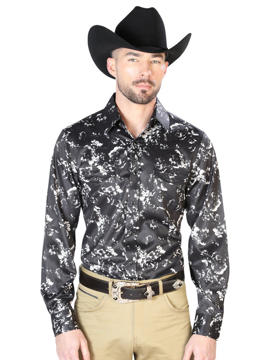 Camisa Vaquera de Hombre El Señor de los Cielos Manga Larga Broche Casual en 97% Poliéster 3% Lycra Color Negro/Beige 43946