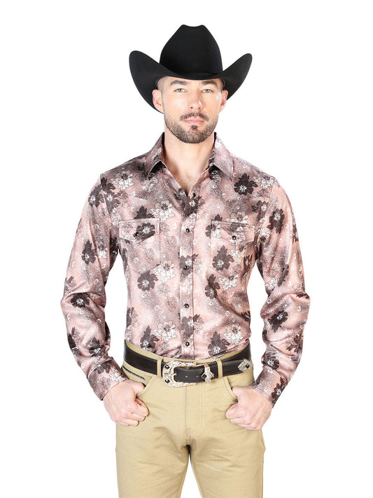 Camisa Vaquera de Hombre El Señor de los Cielos Manga Larga Broche Casual en 97% Poliéster 3% Lycra Color Café 43947