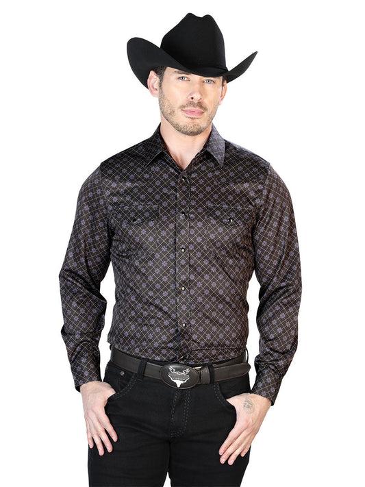 Camisa Vaquera de Hombre El Señor de los Cielos Manga Larga Broche Casual en 97% Poliéster 3% Lycra Color Café 43950