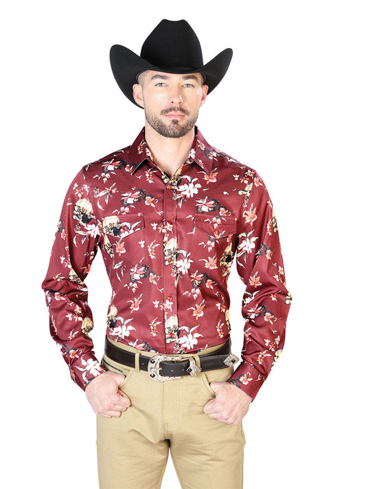 Camisa Vaquera de Hombre El Señor de los Cielos Manga Larga Broche Casual en 97% Poliéster 3% Lycra Color Café/Multicolor 43951