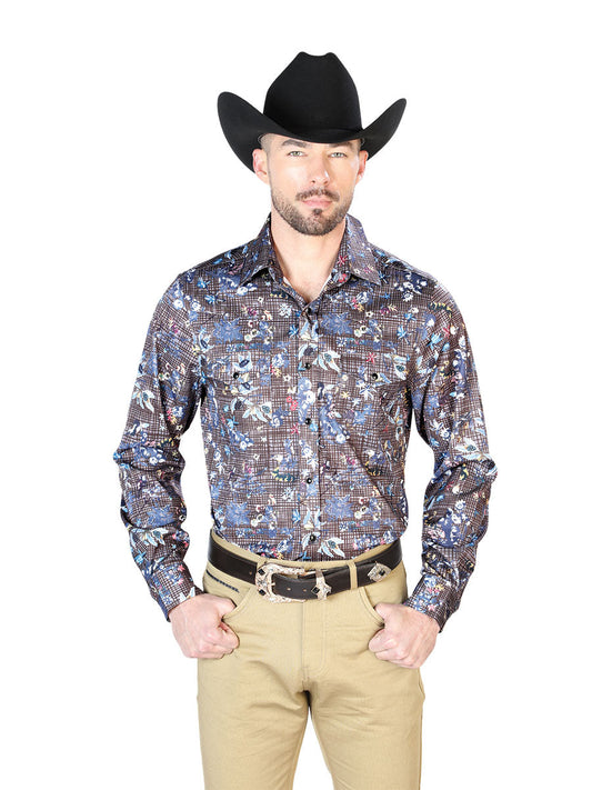 Camisa Vaquera de Hombre El Señor de los Cielos Manga Larga Casual en 97% Poliéster 3% Lycra Color Azul Marino 43953