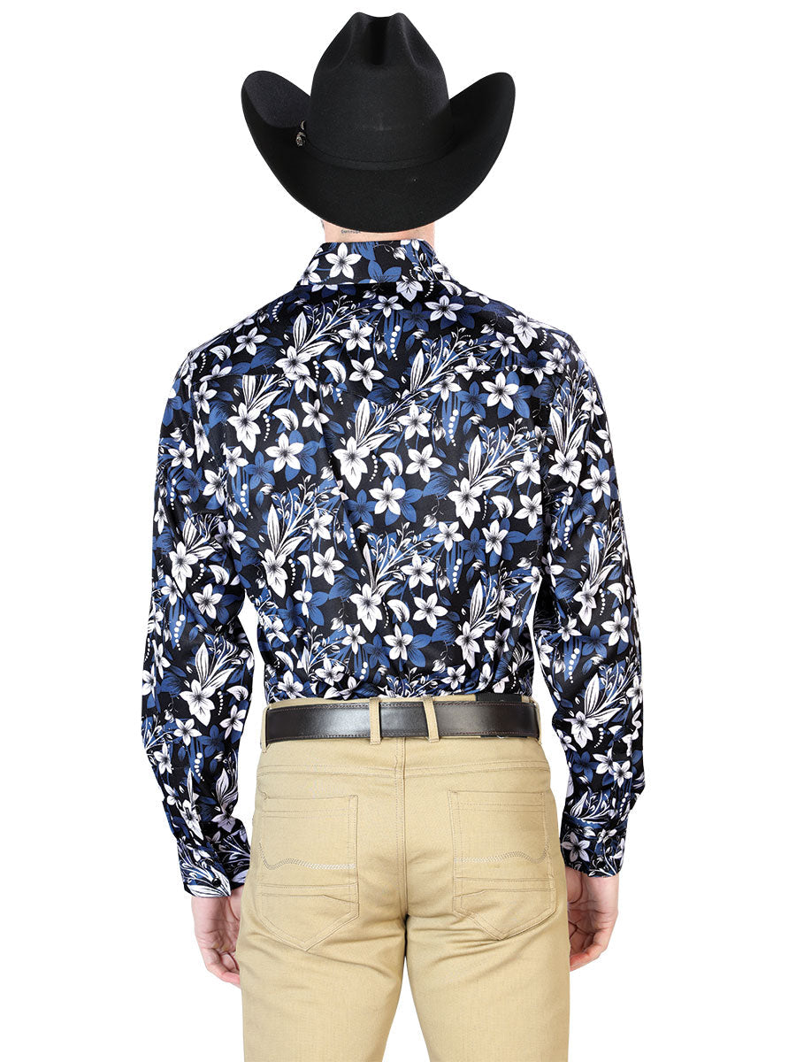 Camisa Manga Larga Azul Flor Casual Manga Larga