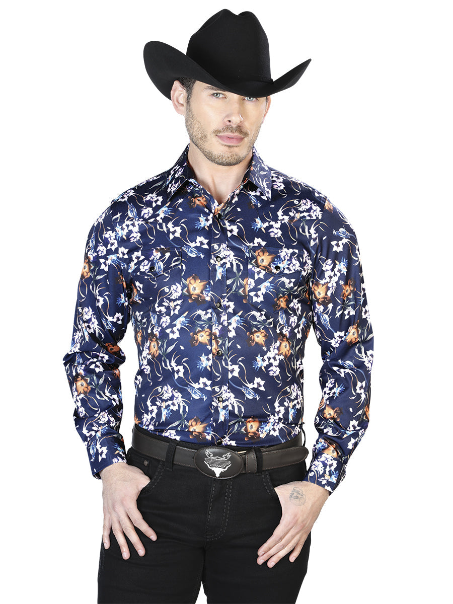 Camisa Manga Larga Azul Flowers Casual Manga Larga