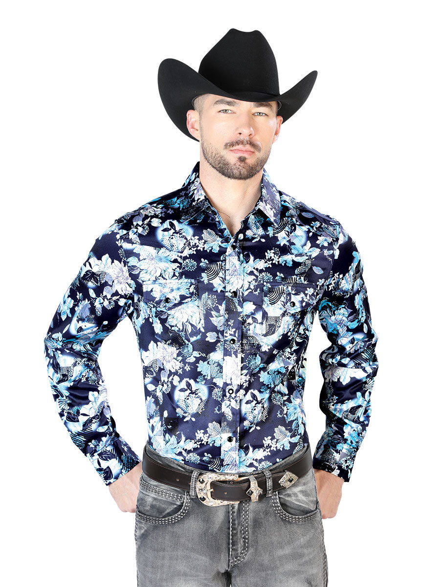 Camisa Manga Larga Azul Flor Estampado Casual Manga Larga