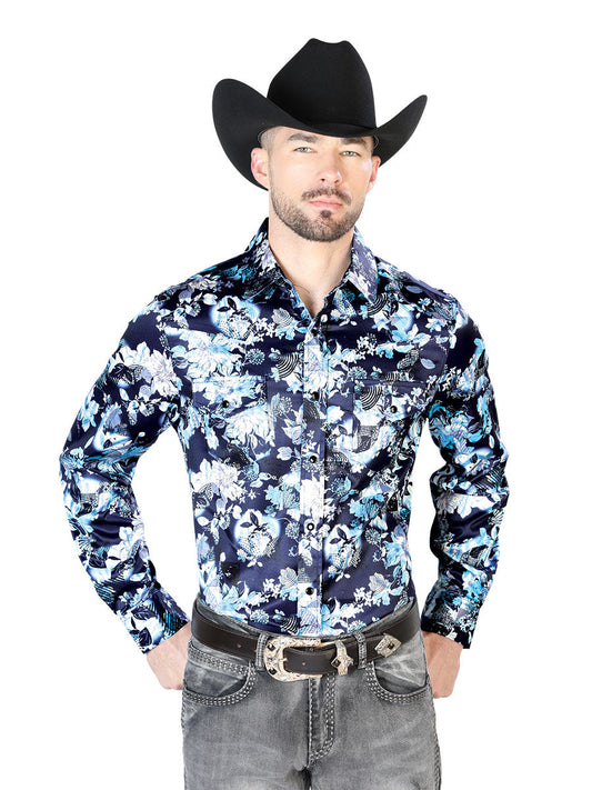 Camisa Vaquera de Hombre El Señor de los Cielos Manga Larga Broche Casual en 97% Poliéster 3% Lycra Color Azul 43958