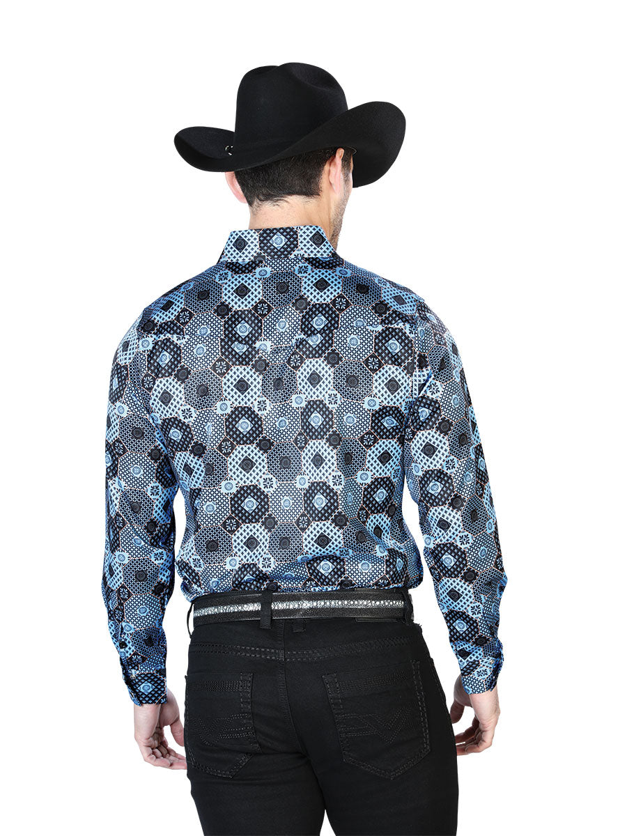 Camisa Manga Larga Azul Estampado Casual Manga Larga